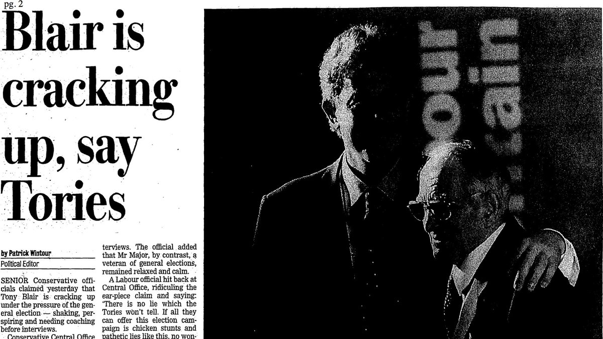 As the campaign drew on, the Conservatives claimed that ‘Blair is cracking up’ believing that ‘Blair shook with nerves before a TV interview’ and ‘he sweated profusely under press cross examination’. Major, ‘a veteran of elections remained relaxed and calm’.