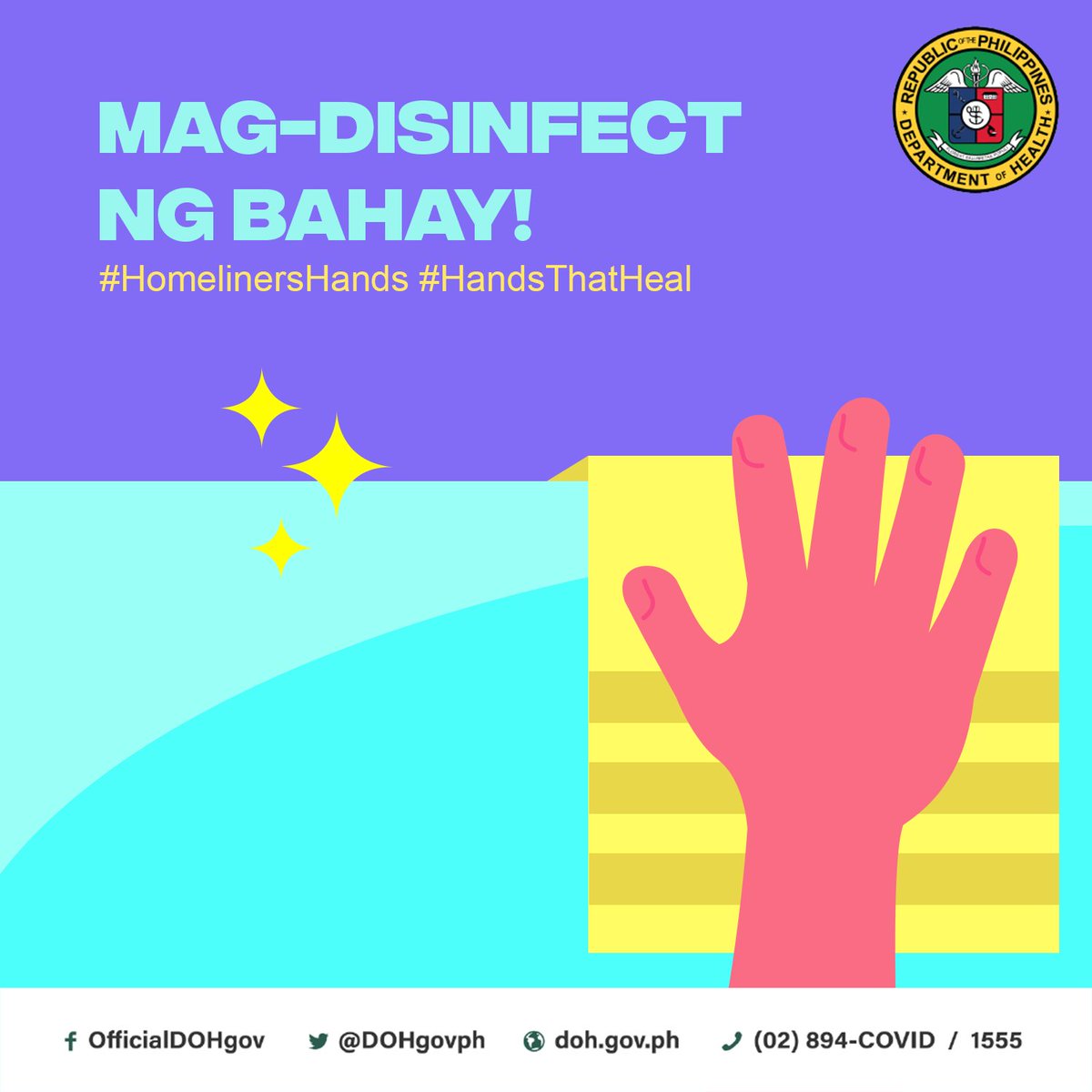DOHgovph's tweet photo. MAG-DISINFECT NG BAHAY! Linising mabuti ang high-touch surfaces gaya ng counters, ibabaw ng mesa, doorknobs, atbp. araw-araw. Linisin din ang mga surfaces na may dugo, body fluids, o iba pang excretions.
Nasa iyong mga kamay ang tagumpay laban sa COVID-19! ππΌππΌππΌ
#HandsThatHeal https://t.co/KC3h1uLtzq
