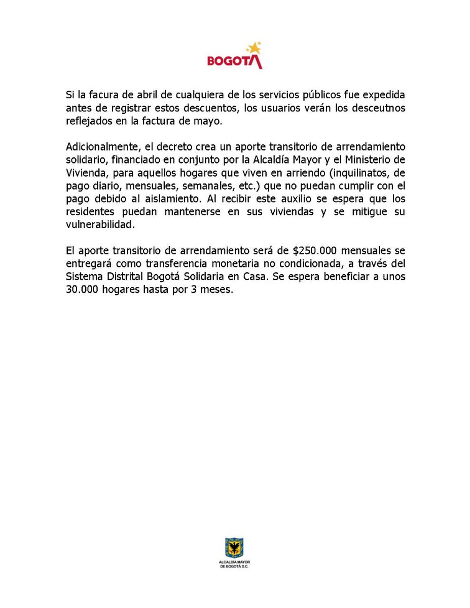 ClaudiaLopez's tweet photo. Les dejo el comunicado de prensa con la explicación detallada por estrato y por servicio público para un hogar de consumo promedio.

Gracias a quienes han seguido pagando sus impuestos y servicios podemos dar este alivio a quienes tienen más dificultades! 

#BogotaSolidariaEnCasa https://t.co/x0TydeobRk