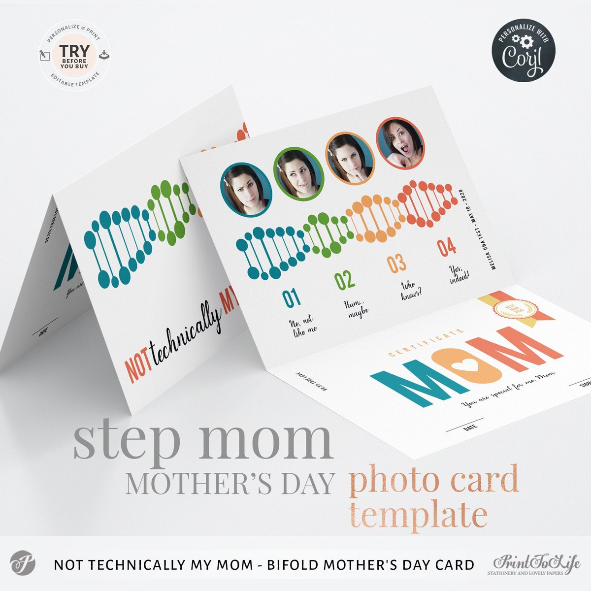 PrintToLife's tweet photo. Share a funny and sweet message to celebrate your stepmom, adoptive, foster mom, friend mom, and any adorable "non-DNA" related mother! ❤️  a QR code message can be added to the back of the card. Surprise mom. She deserves this DNA Certificate. #mothersdaycard https://t.co/Z4OQbiIV8p