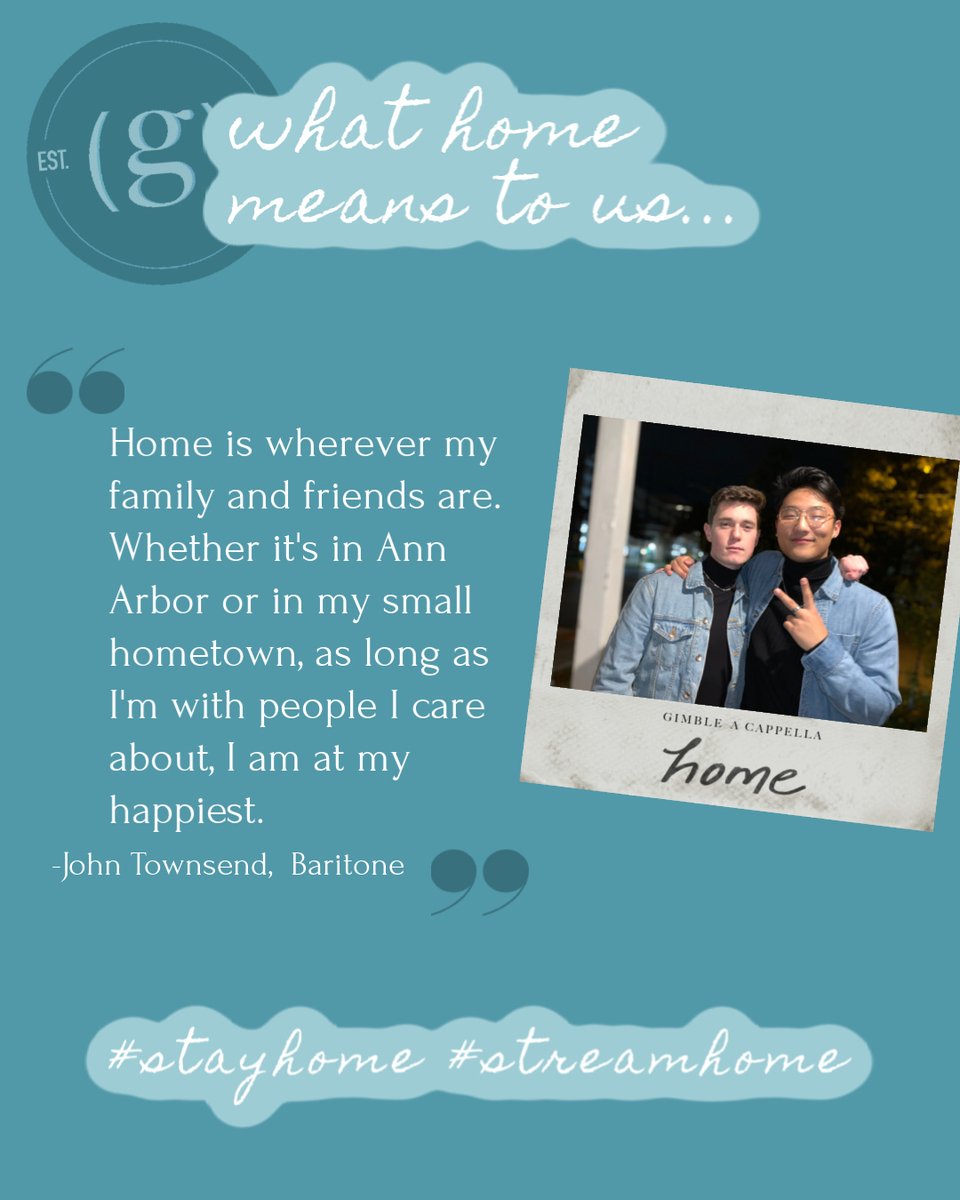 GimbleACappella's tweet photo. in light of Michigan’s stay-at-home order, we wanted to share what “home” means to us. we’re so excited to be launching this new series and are sending good vibes your way, wherever your home may be!  

our EP "home" is streaming everywhere now!
#stayhome #streamhome ❤️🏡 https://t.co/Sq5kxuHOlz