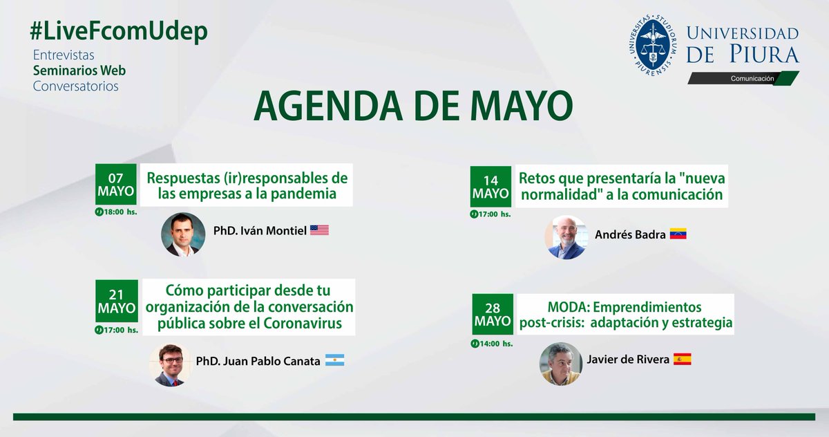 posgradosfcom's tweet photo. #LiveFcomUdep | Compartimos con ustedes la agenda de Seminarios web del mes de Mayo.Queremos que tu formación continúe desde el lugar donde estés.
📝Inscríbete de forma libre para participar:
https://t.co/DKOm33BOE5 https://t.co/VKqhRCBtGa