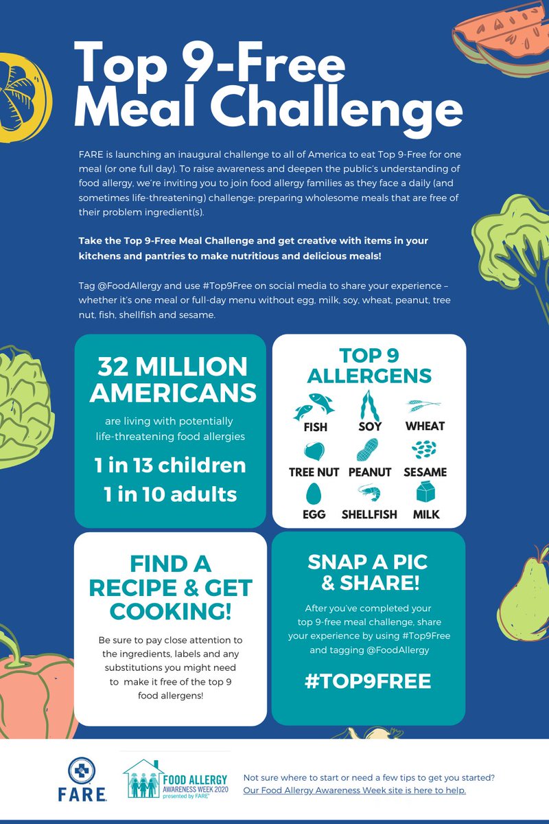 On May 13, during #FoodAllergyAwarenessWeek, we are challenging everyone to a #Top9Free Meal Challenge. Pick a dish, prepare and share your masterpiece. The catch? You have to make sure your meal is free of at least 1 of the top 9 allergens. bit.ly/2VQuIzE