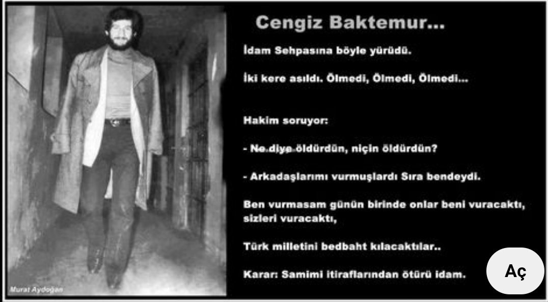 ayy_yusra's tweet photo. karar: samimi itiraflarından ötürü idam..
boynuna ipi geçirmeden hemen önce;
-ey benim şerefli bayrağım... ben seni dalgalandırmak için çok mücadele ettim ama seni dalgalandırmaya gücüm yetmedi...
dedikten sonra öpüp başına koydu.
Rahmet ve minnetle..
#1mayıs1982 #CengizBaktemur https://t.co/JiTmc47lWY