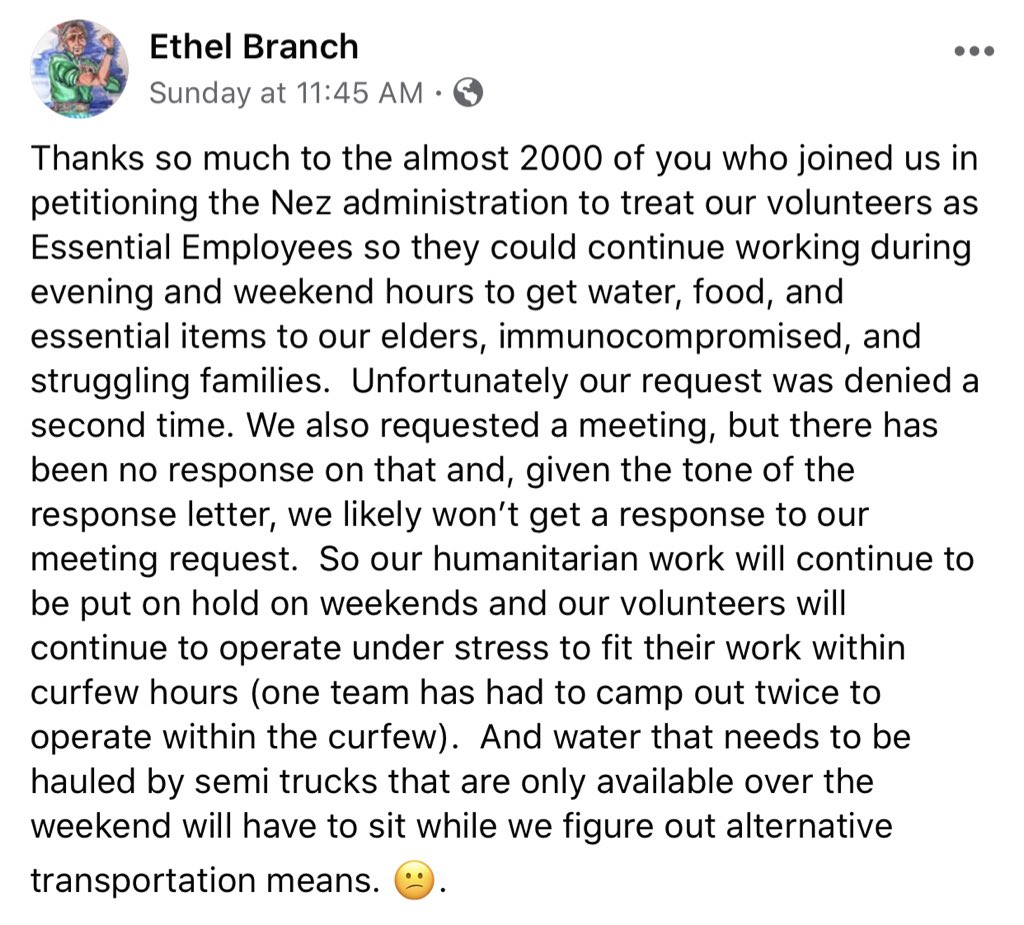 i’ve been really bothered by the fact that even though ethel branch’s fundraiser is successful, reliable, + trustworthy, the navajo nation began limiting their services/efforts, they refuse to lift restrictions, + they’ve denied their request to include them as essential.