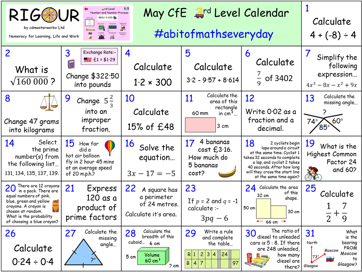RigourMaths's tweet photo. **CALLING ALL BGE Pupils** Do you want to consolidate your CfE 3rd Level Numeracy/Maths skills this month? If so, try our May Calendar! Download calendar &amp; view answers here; https://t.co/rAO0acF5KX #abitofmathseveryday #littleandoften 🥉🥈🥇📅 https://t.co/04QCto0yBU