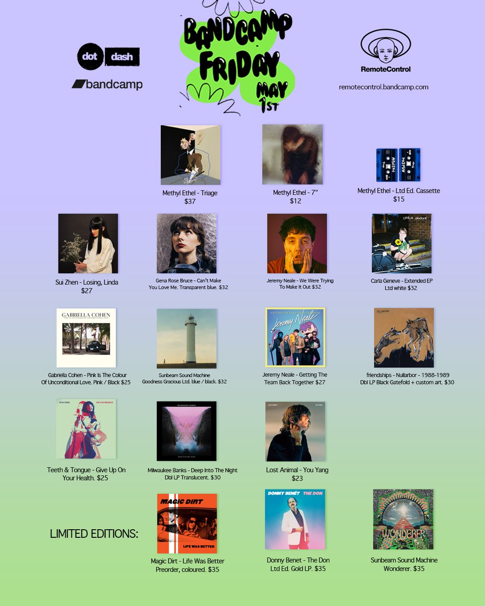 It's @Bandcamp day! Peep a list of price drops + limited edition vinyl we've put on sale. 5pm AEST to 5pm tomorrow. All revenue shares waived so your money goes direct to artists > @MethylEthel @sunbeam_sm @_gena_rose @BeckySuiZhen @SegaDreamboat + more / remotecontrol.bandcamp.com