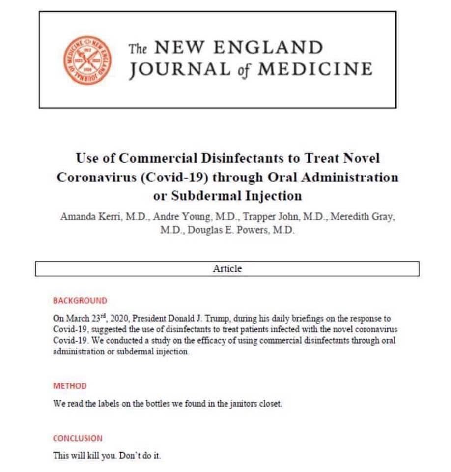 Northof60Lawyer's tweet photo. So, I’ve got bad news for those who supported Dr. Donald’s plan to have everyone inject Javex and pig out on Clorox wipes to help get us out of this mess... #COVID__19 #InjectDisinfectants #trumpcovidfails https://t.co/IcjTLntkTa