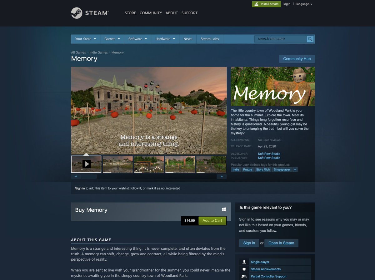 SoftPawStudio1's tweet photo. Great news, Memory is now available on Steam! Let us know what you think of the game π
https://t.co/oTMnOJ3cF8
#memorythegame #softpawstudio #indiegame #indiedev #puzzlegame #storyheavy https://t.co/TZlG2vPQR3