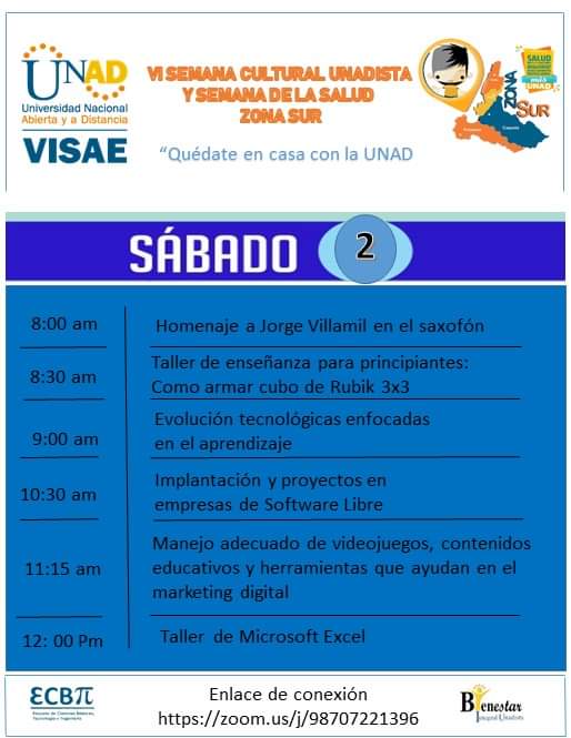 La UNAD <a href="/UniversidadUNAD/">Universidad UNAD</a> los invita este Sábado 2 de Mayo participa de las actividades ECBTI #UNADIbagué @ECBTI_IBAGUE <a href="/AMendezGonza/">Alejandro Mendez</a> <a href="/Nilson/">Nils Duesterhoeft</a> #SemanaCultural Zona Sur  -
Enlace: zoom.us/j/98707221396
¡Te esperamos!
Universidad Nacional Abierta y a Distancia - UNAD Colombia