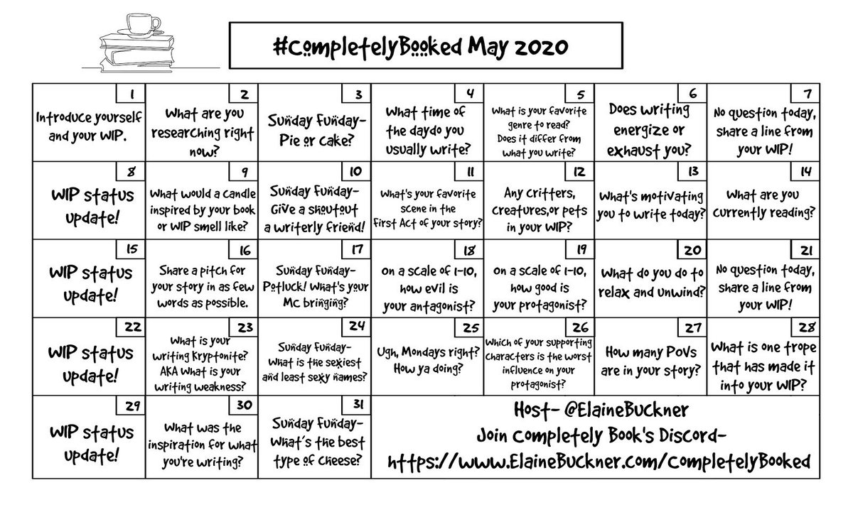 ElaineBuckner's tweet photo. Completely Booked’s writerly question of the day is hopping over to Twitter for May!
#WritingCommunity feel free to join in using the tag #CompletelyBooked, and tag me so I don’t miss your answers! https://t.co/6Zqx3N2N4k