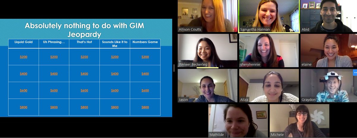 GIMOttawa's tweet photo. Tonight we had our first #GIM Virtual Social event. We had an amazing time celebrating birthdays and playing trivia orchestrated by our great @GIM_PA_uOttawa !!! Wine enjoyed by some, @UberEats GFs for all! #myteam #sunisastar https://t.co/gQokGYS6rL
