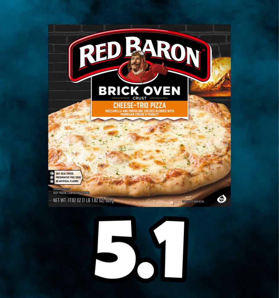 Official review: Red Baron Brick Oven. While the crust is much better than California Kitchen Pizza, the rest of the pizza is not. A nostalgic favorite, but the test of time says I may have been fooled. Hopefully it’s all up from here. One bite, everybody knows the rules. Score: