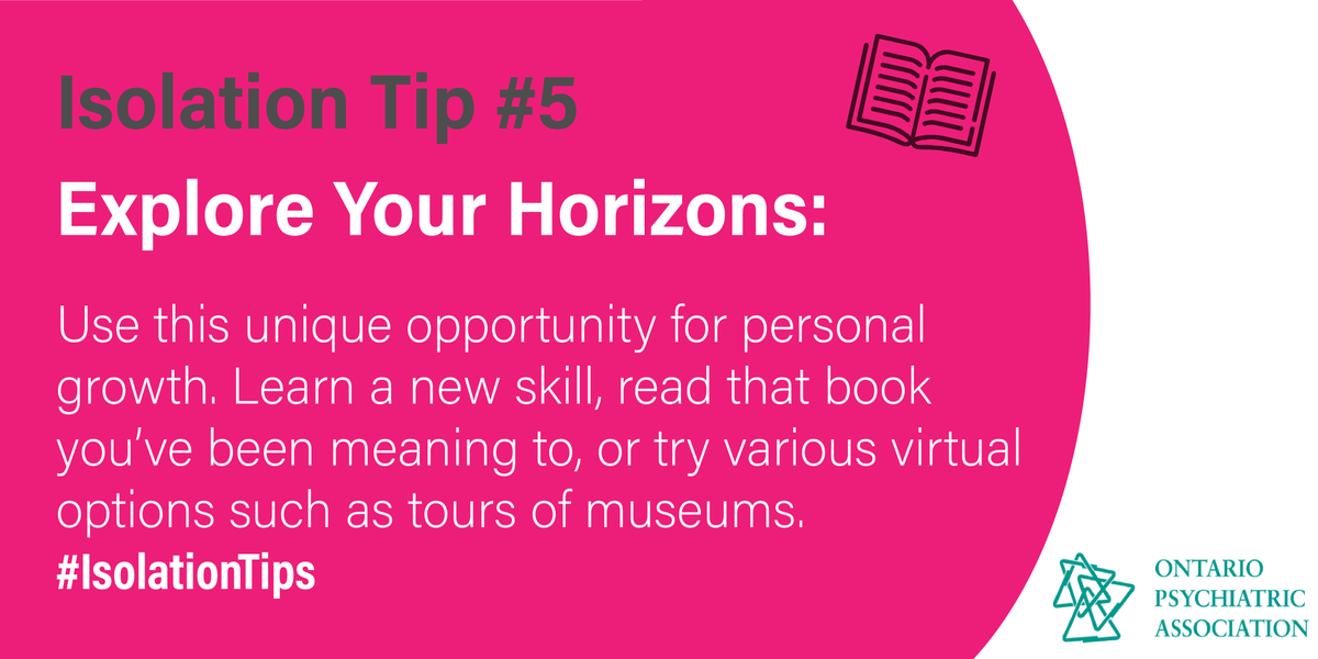 OntPsychAssoc's tweet image. Take this time to experiment with new skills or to restart old personal projects! Exploring your horizons is a great way to pass these difficult times, but don't be pressured to feel that you must be doing something proactive and productive #IsolationTips #AloneTogether