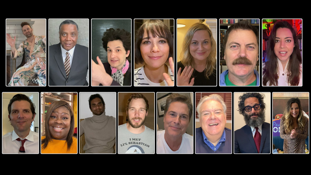 alexandergold's tweet image. I want to live in this #ParksandRec video chat forever.