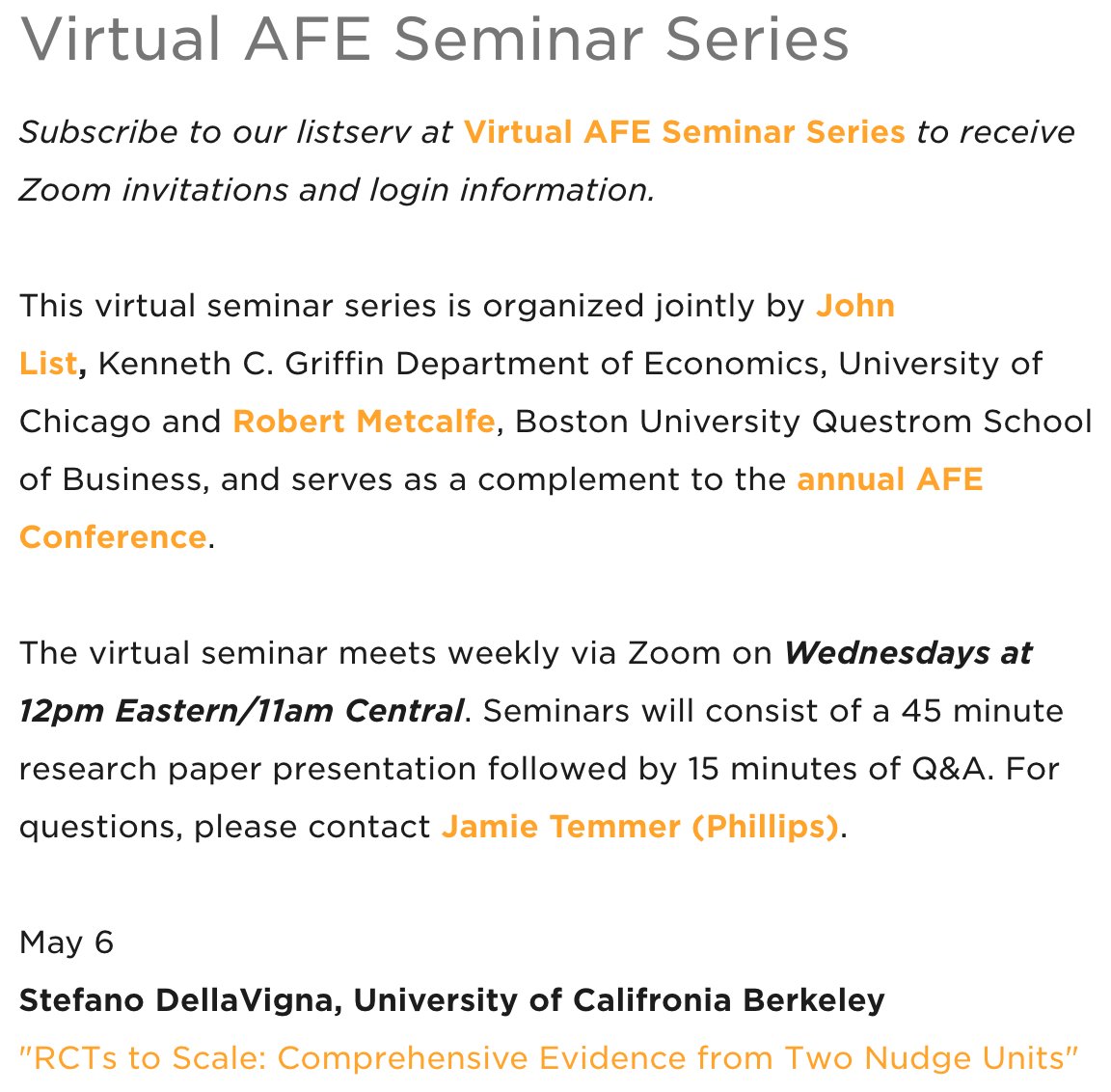 Robert Metcalfe (@rdmetcalfe) on Twitter photo So, John and I have gone for it. We are announcing the Virtual Advances with Field Experiments Seminar Series. Every Wednesday at 12pm ET. Sign up here: economics.uchicago.edu/content/afe-se… Our inaugural speaker is <a href="/sdellavi/">Stefano DellaVigna</a> presenting his great paper on "RCTs to Scale" with <a href="/ElizabethLinos/">Elizabeth Linos</a> So, John and I have gone for it. We are announcing the Virtual Advances with Field Experiments Seminar Series. Every Wednesday at 12pm ET. Sign up here: economics.uchicago.edu/content/afe-se… Our inaugural speaker is <a href="/sdellavi/">Stefano DellaVigna</a> presenting his great paper on "RCTs to Scale" with <a href="/ElizabethLinos/">Elizabeth Linos</a>