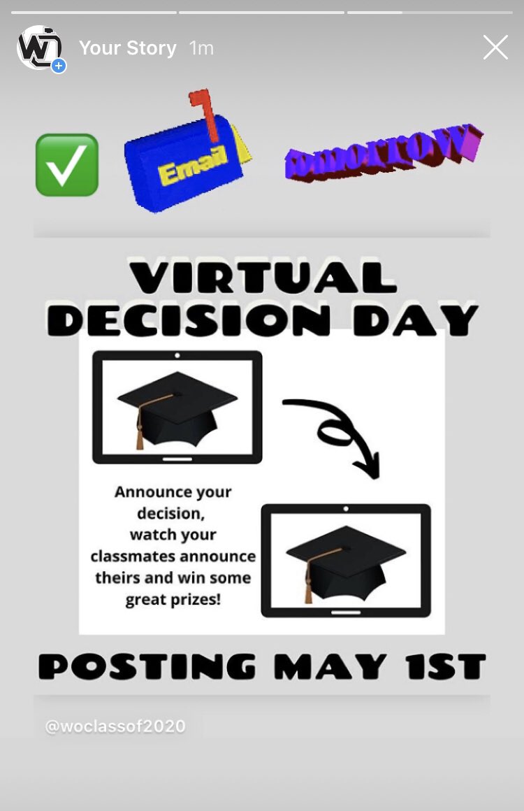 Class of 2020 let’s celebrate Decision Day tomorrow!!!  Check your email tomorrow for a message from WOHS College Adviser Ms. Anderson.  #GoWO #OhThePlacesWOWillGo
