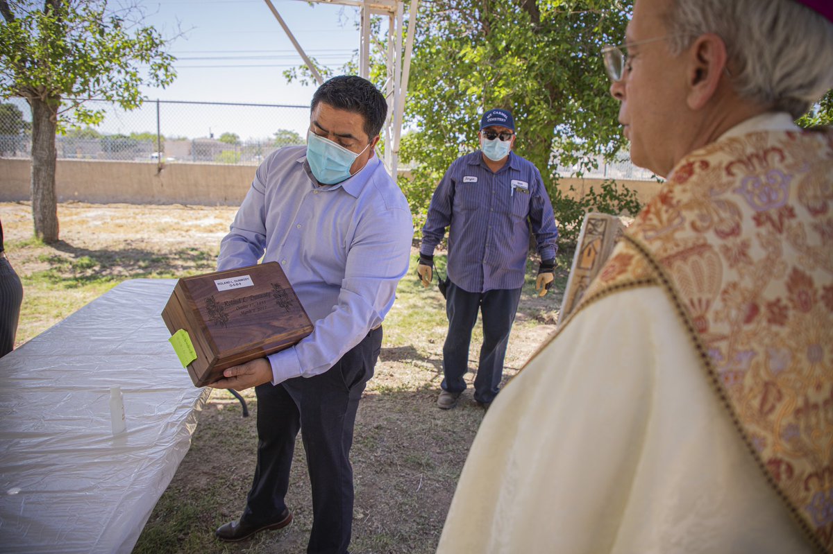 elpasodiocese's tweet photo. @BishopSeitz interred 46 unclaimed cremains that were in possession of a probate lawyer. Bishop Seitz was asked to give these remains a proper burial at Mount Carmel Cemetery. https://t.co/10Ad3i7mBR