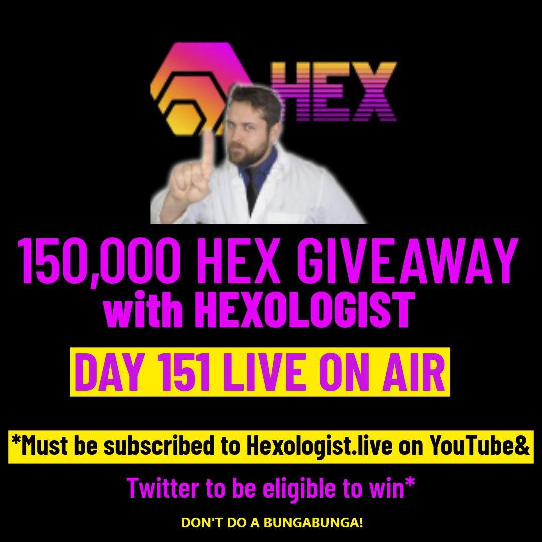 Hexologist31's tweet photo. Lets try this again

-LIKE  and RETWEET this post!
-SUBSCRIBE to my YouTube channel
https://t.co/NQV6xs6tMR
-Follow ME and 
@HEXcrypto on Twitter!
-MUST BE PRESENT and in the comments on tomorrows live stream on day 151! Have you ETH address handy!
#ethereum #cryptocurrency #HEX https://t.co/QBn8jH6IaN