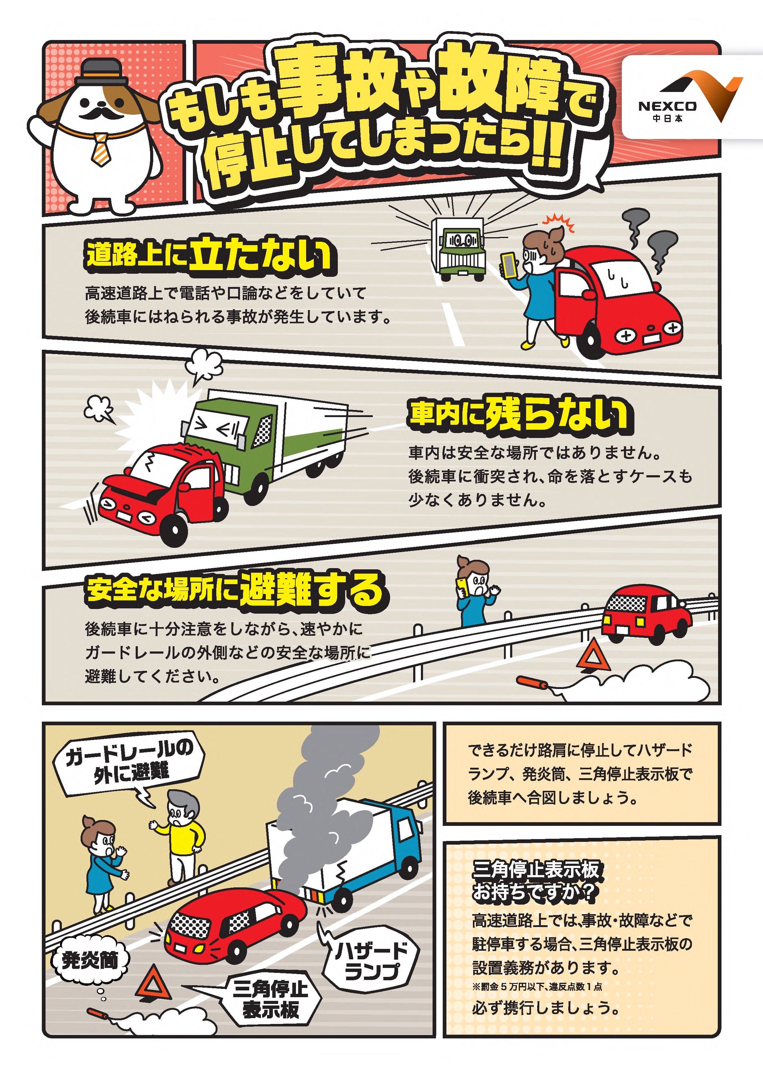 Nexco中日本 東京支社 もしも事故や故障で停止してしまったら できるだけ路肩に停止してハザードランプ 発炎筒 三角 停止表示板で後続車へ合図しましょう 高速道路上では 事故 故障などで駐停車する場合 三角停止表示板の設置義務があります