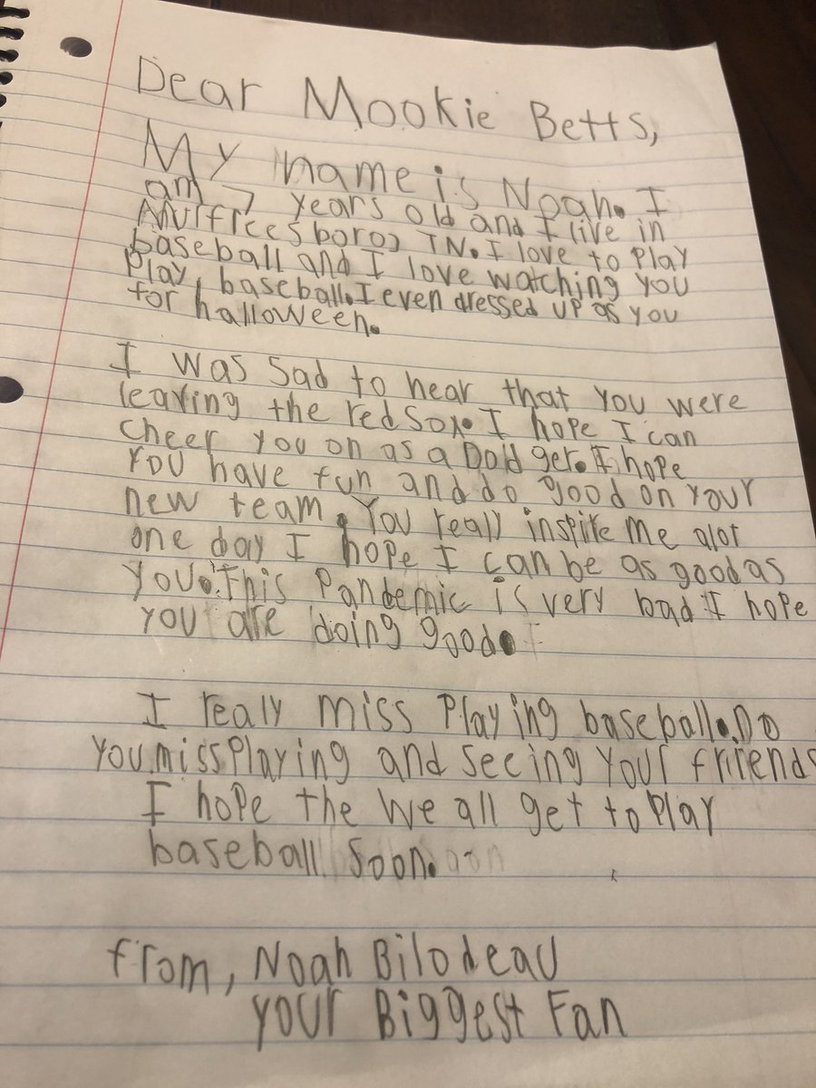 BeckyBilo's tweet photo. @mookiebetts we have been working on our writing skills during #Quarantine2020. It would make my sons whole life if he could get this to you and get a reply back. https://t.co/07GRuG0rzG
