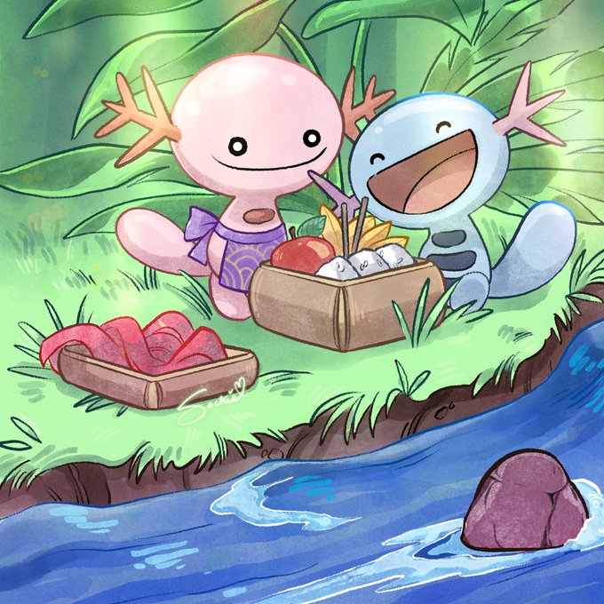 Wooper + Shiny Wooper (having a picnic by the river). 