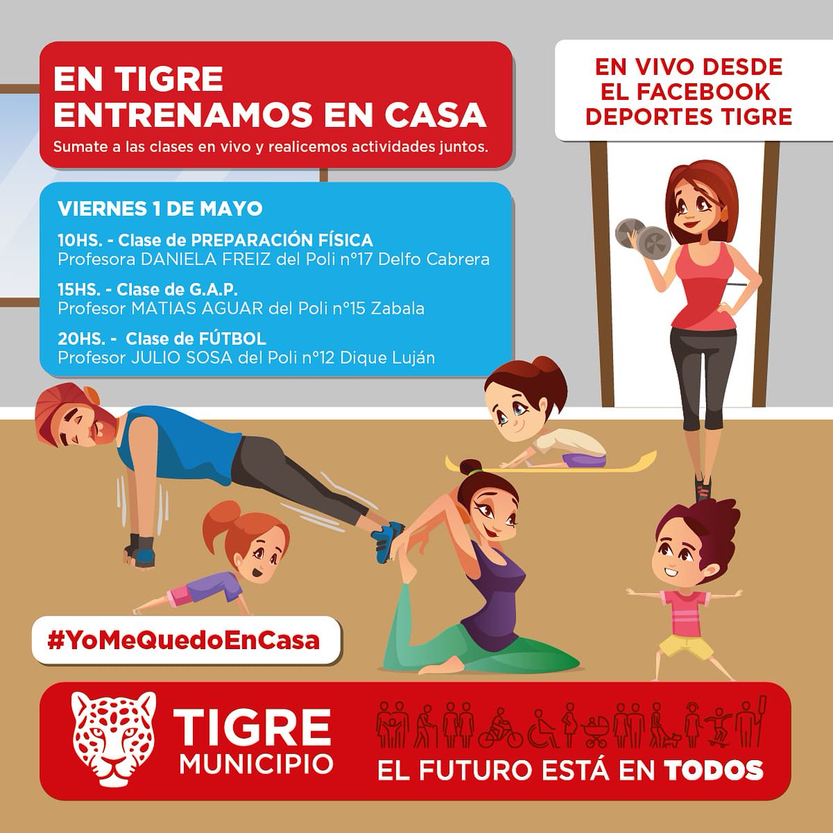 EN TIGRE ENTRENAMOS EN CASA
No te quedes sin tomar las clases en vivo dictadas por los profesores de todos los Polideportivos
Vamos a cuidarnos entre todos quedándonos en casa y continuando con los entrenamientos
#QuedateEnCasa 
#ElFuturoEstáEnTodos 
<a href="/MunicipioTigre/">Municipio de Tigre</a> <a href="/ZamoraJulio/">Julio Zamora</a>