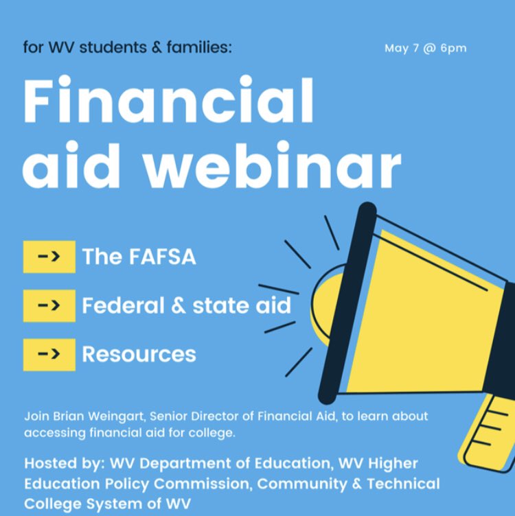 Topic: Virtual Financial Aid Night
Time: May 7, 2020 06:00 PM Eastern Time (US and Canada)

Join Zoom Meeting
wvcolleges.zoom.us/j/92164626464

Meeting ID: 921 6462 6464
 
Or join through the Facebook Live Event
facebook.com/events/2886045…