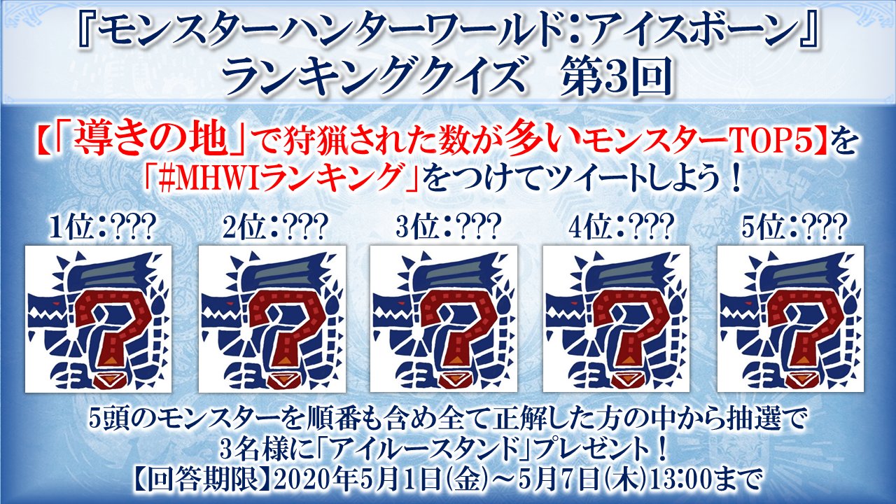 モンスターハンターワールド アイスボーン公式 第3回 導きの地 多いランキング Ps4版 Mhwアイスボーン 集計期間 年4月17日 4月23日 導きの地で狩猟された数が多いモンスターtop５ を Mhwiランキング でツイートしよう 5頭の