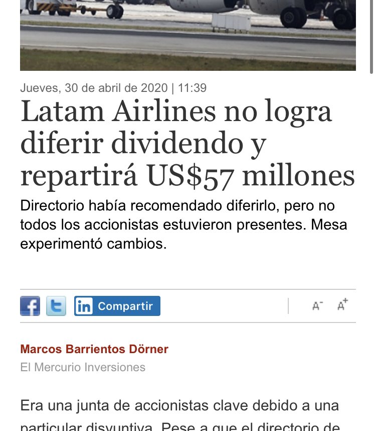 profeclaudio_cl's tweet photo. Primer acto:
Latam pide ayuda al gobierno por crisis.

Segundo acto:
Latam reparte utilidades entre sus accionistas por US$57 mill.
Fin. https://t.co/5xa8fvL3pd