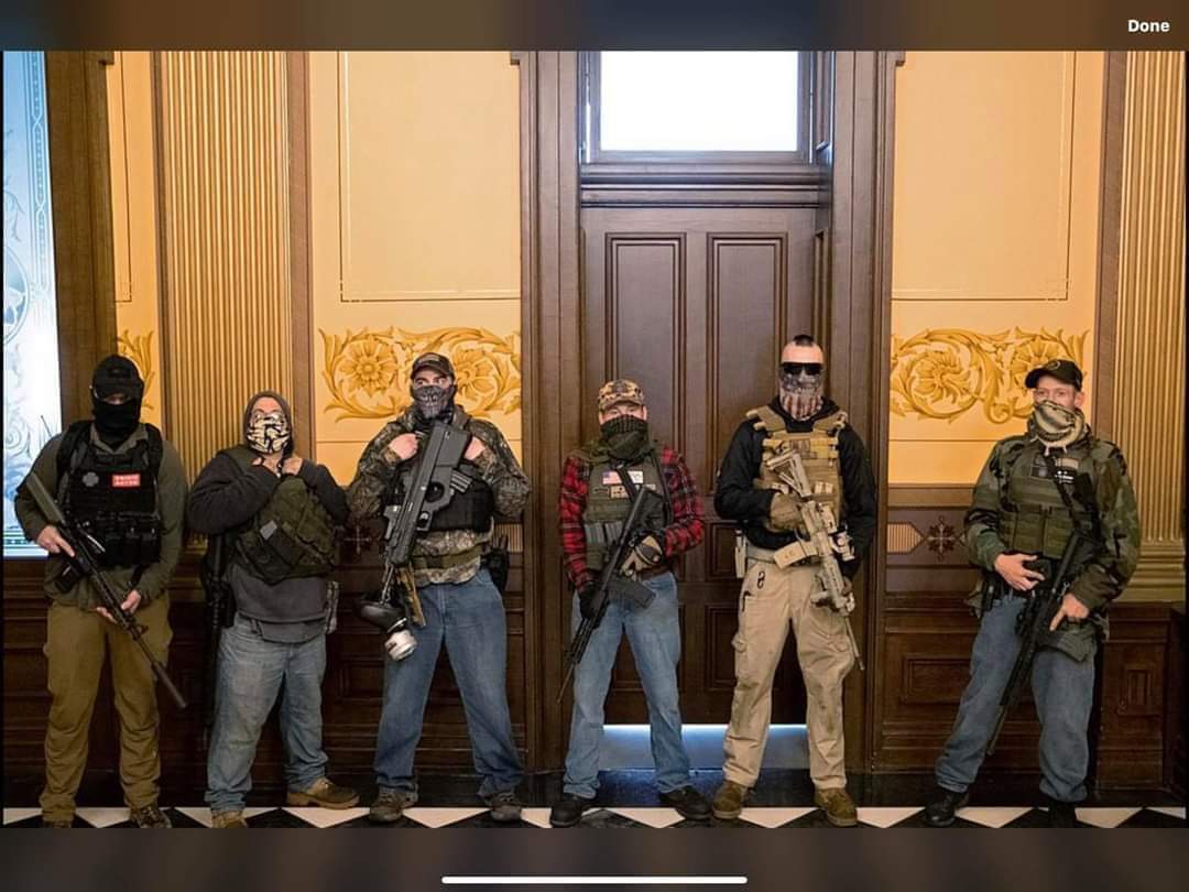 rootwoman123's tweet photo. This is inside the Michigan State Capitol at the doorway to the Legislative Chamber today April 30, 2020. Now, do you think African Americans, Latinos or anyone who had a deep spray-on tan could have made it this far inside alive while armed like this? #COVID19 #WhitePrivilege https://t.co/7Zhbi6l3lc