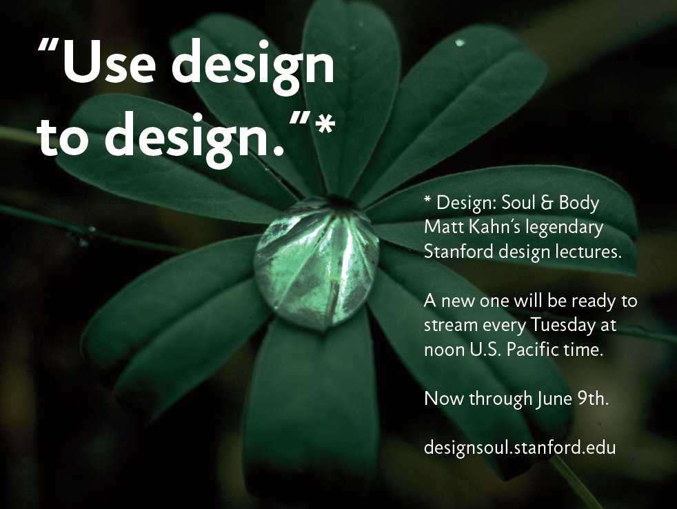 stanforddschool's tweet photo. We’ve dug into the archives and we’ll be streaming a retrospective of Matt Kahn’s famous Stanford design lectures. A new one arrives every Tues. at noon US Pacific time. Starts next week! 
https://t.co/7BKTPcTcNo https://t.co/uPEIVmuBZy