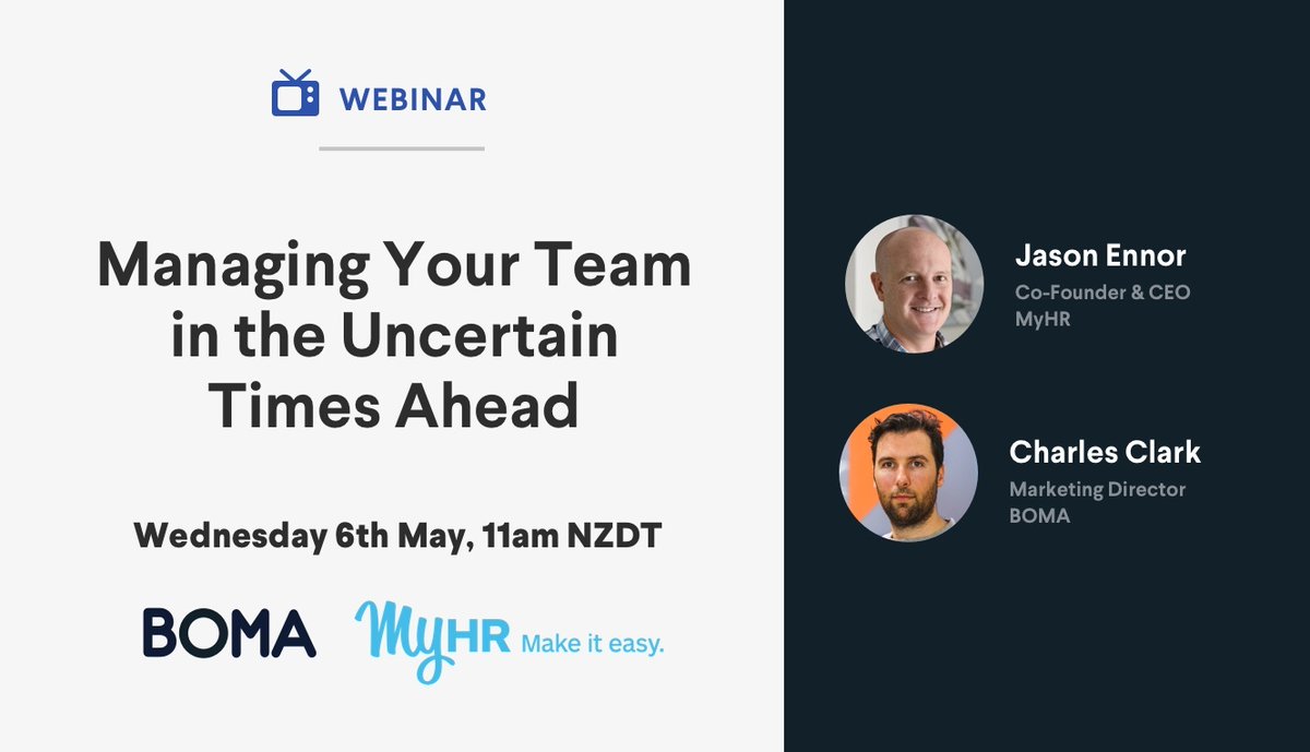 Even as restrictions lift in NZ there is much uncertainty for businesses around recovery planning from an HR perspective so join us as we talk to Jason Ennor, Co-Founder &amp; CEO of <a href="/MYHR_NZ/">MyHR</a>. Register now - bit.ly/2zFfHIm 

#bomamarketing #webinar #accountants #SmallBiz