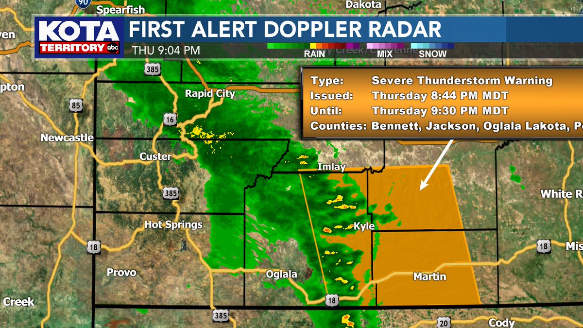KOTAWeather's tweet image. Severe Storm in the Badlands! A Severe Storm Warning is in effect for the Badlands until 9:30pm. The storm is producing winds to 60 mph and should die down around 10pm. No hail is indicated on Doppler radar. #sdwx #kotaweather