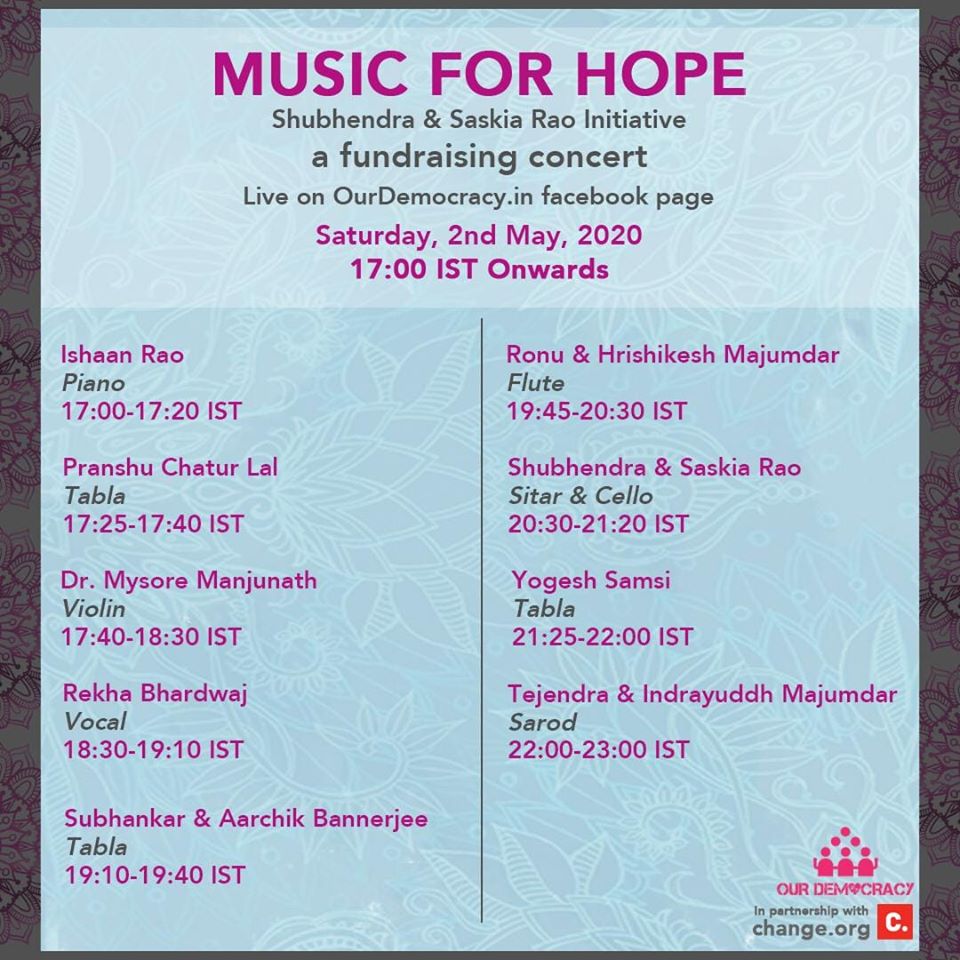Follow these links to join us tomorrow for Music for Hope

To donate: ourdemocracy.in/Campaign/Music…

To Watch Live: facebook.com/OurDemocracy.i…

For updates and Announcements: facebook.com/events/5393217…