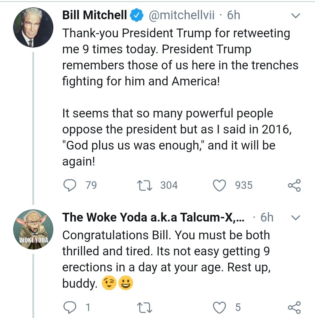 TalcumXesq's tweet photo. @BadCOVID19Takes That's nothing for Bill. Donald retweeted him another 8x after that.
#MillBitchell https://t.co/aMDR4KcHDz
