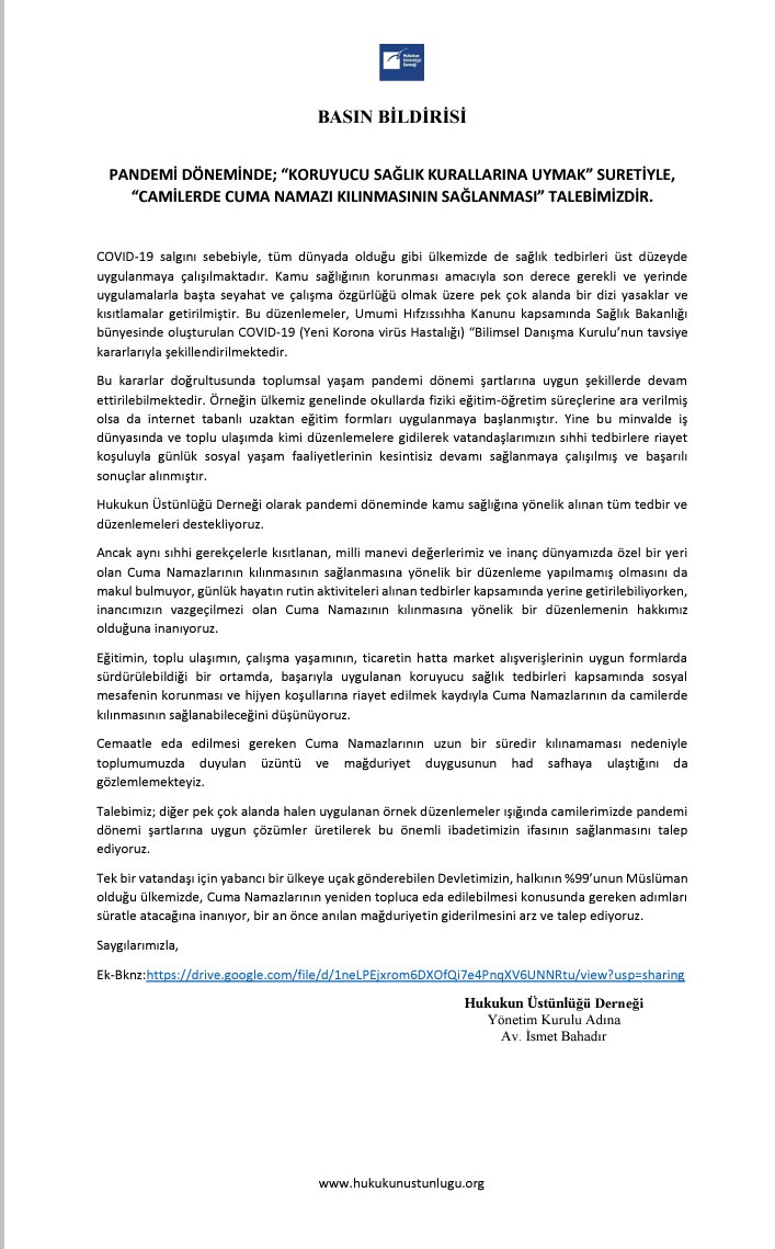/Basın Bildirisi/
Pandemi Döneminde "Koruyucu Sağlık Kurallarına Uymak" Suretiyle, "Camilerde Cuma Namazı Kılınmasının Sağlanması" Talebimizdir.
 #cumanamazı #Pandemie #CumamızMübarekOlsun #cumanamazı5dakikayasığar
#Covid_19 #coronavirus