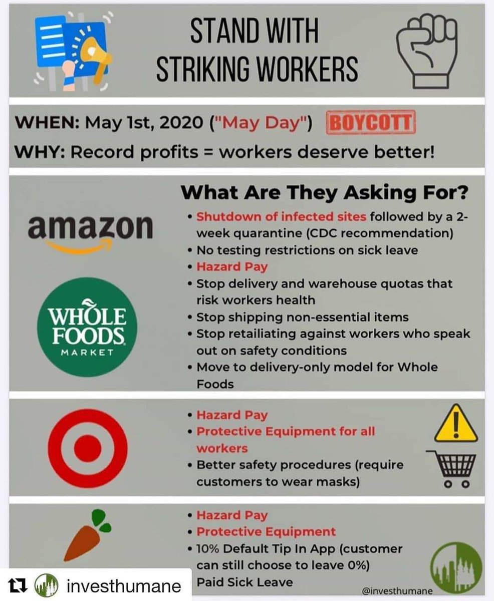 andreaspeaker1's tweet photo. #walkout #boycott #Strike4OurLives #Strike4OurLives #AmazonStrike #Amazon #Target #TargetSickOut #WholeFoods #WholefoodStrike #Instacart #instacartstrike #support #PPENow #hazardpay #ProfitsOverPeople #MayDayStrike #MayDay2020 #rt https://t.co/oihISX1Jlp
