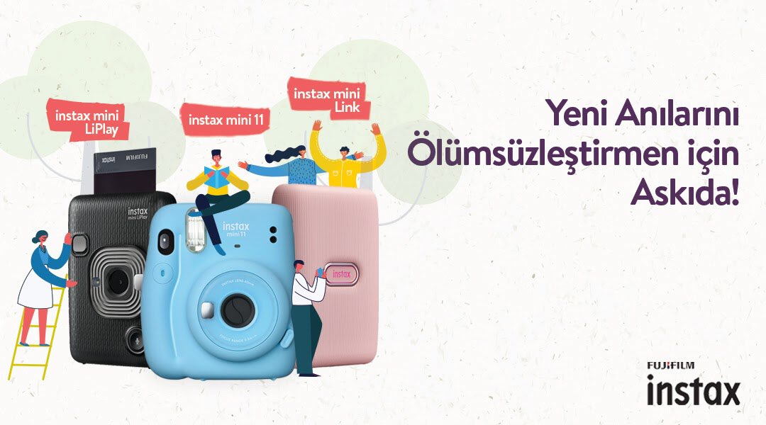 Fujifilm desteği ile Instax Mini LiPlay ve Instax Mini 11 fotoğraf makineleri; Instax Mini Link akıllı telefon fotoğraf yazıcısı ve her birinin yanında dekoratif fotoğraf çerçeveleri askıda! Bu tweet'i RT'leyen 3 üniversite öğrencisine hediye!