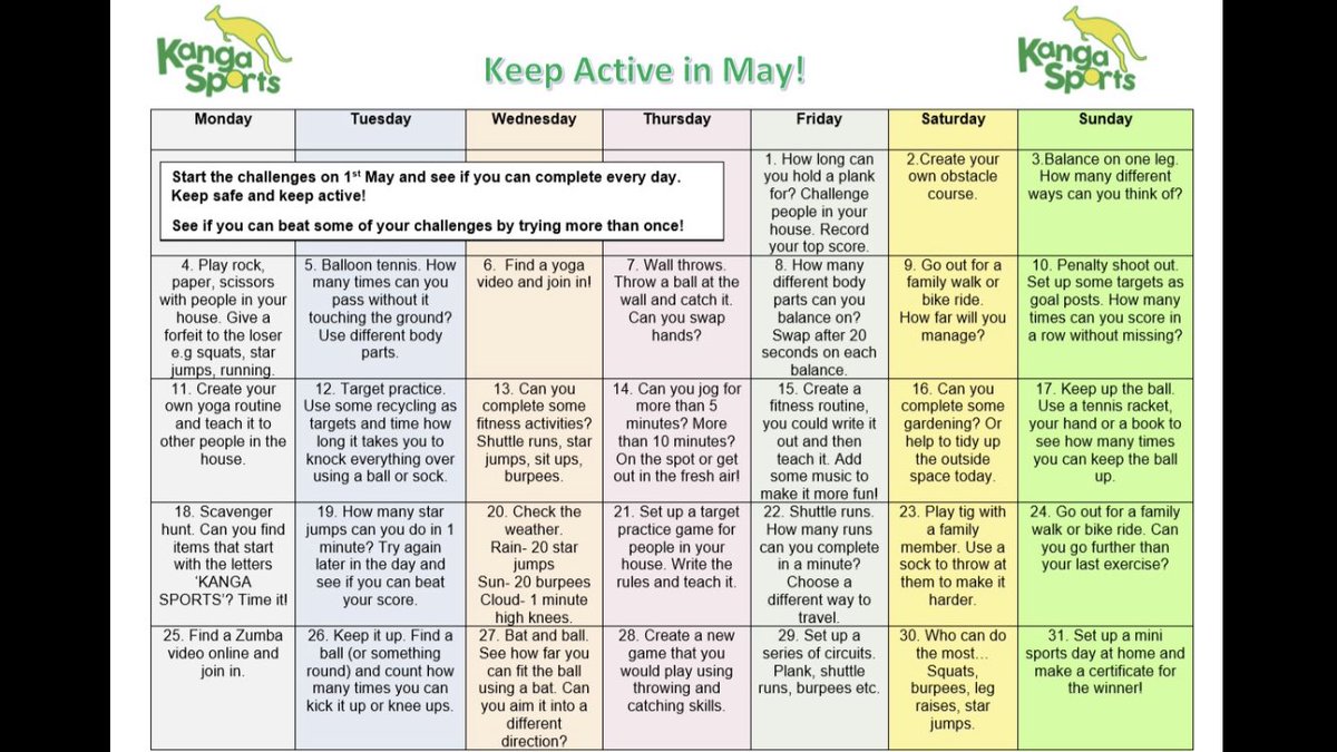 So today is the first of May... here is a keep active calendar for the month with lots of different challenges on. It would be great to see you all having a go...don’t forget to tag <a href="/HemplandSports/">Hempland Sports</a> into your efforts, we’d love to see how you’re all getting on 😀🌟