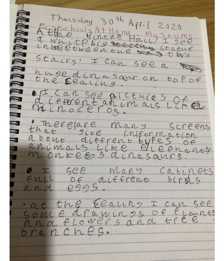 A huge well done to Fadi who visited the Natural History Museum online and made some notes about his observations! 👏🏼 #EcoSchoolsAtHome @ECOLHS1