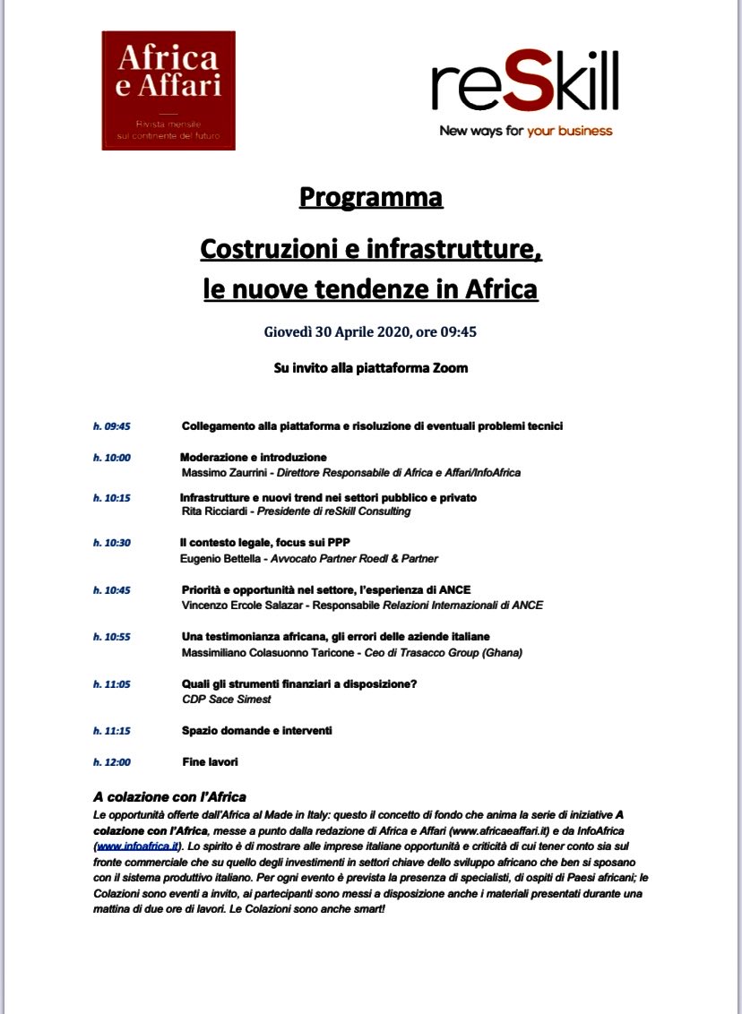 massi_mazzanti's tweet photo. Very grateful to @ZaurriniMassimo @AfricaeAffari @Infoafrica7 and to #Reskillconsulting for organising another fruitful zoom conference #infrastructure #Construction with @ancenazionale on opportunities for Italian companies #Africa. @ItalyMFA @UgandaMFA @cooperazione_it @aics_it https://t.co/TUHWHwF7Uh