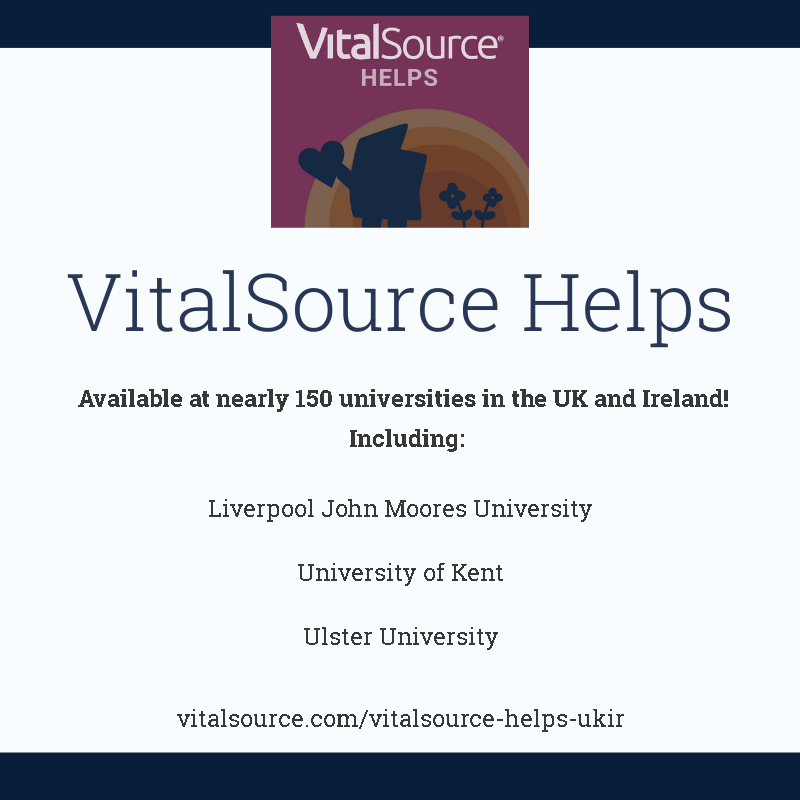 Attention <a href="/LJMU/">Liverpool John Moores University</a>, <a href="/UniKent/">University of Kent</a>, and <a href="/UlsterUni/">Ulster University</a>, did you know that your institutions are included in the nearly 150 institutions where #VSTHelps is available? This means students can access a huge catalogue of etexts at no cost! Learn more at vitalsource.com/vitalsource-he…