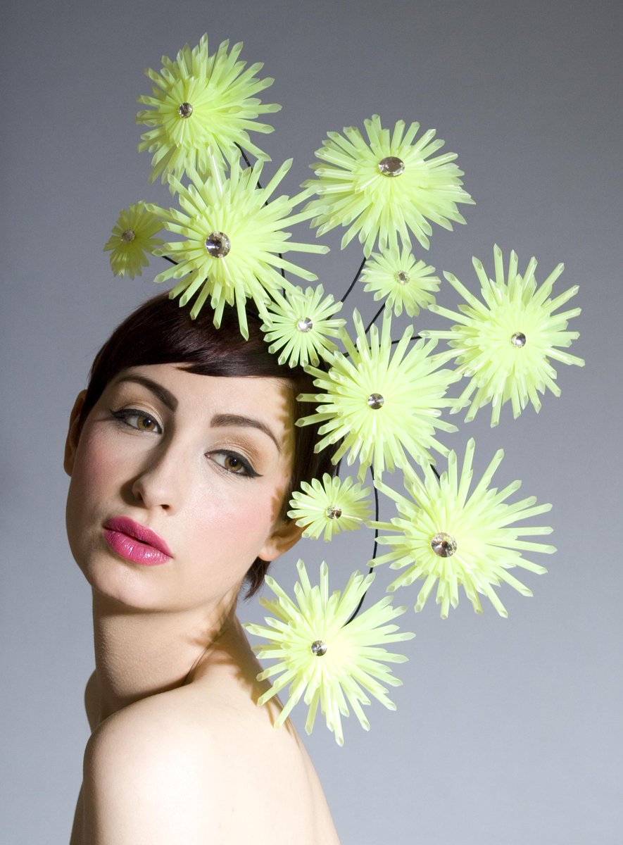 Hatworksmuseum's tweet photo. @YorkshireMuseum Feeling the pressure today showing our #BestHat,not gonna lie! This one's a GEM-‘Crystal Cocktail Explosion’ by William Chambers. A cascade of 11 flowers made from drinking straws with crystal centrepieces. How’s that for reuse&amp;recycle?! We💜 your work @williamhats #CURATORBATTLE https://t.co/EJ9wN4bNvM