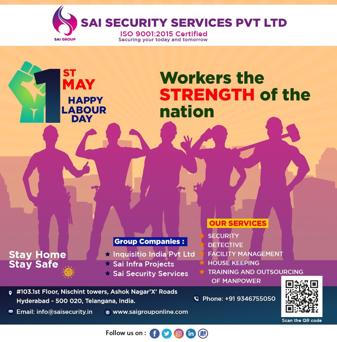 SaisecuritySer5's tweet photo. This #LabourDay, we thank all the essential service providers who with their hard work and bravery are keeping each one of us safe. Thank you for everything you do.

We wish everyone "Happy Labour Day" from our team #Sai_Securites.

#Stay_Home &amp; #Stay_Safe

#labour_day, #may_day https://t.co/Fzwz4CLXOc