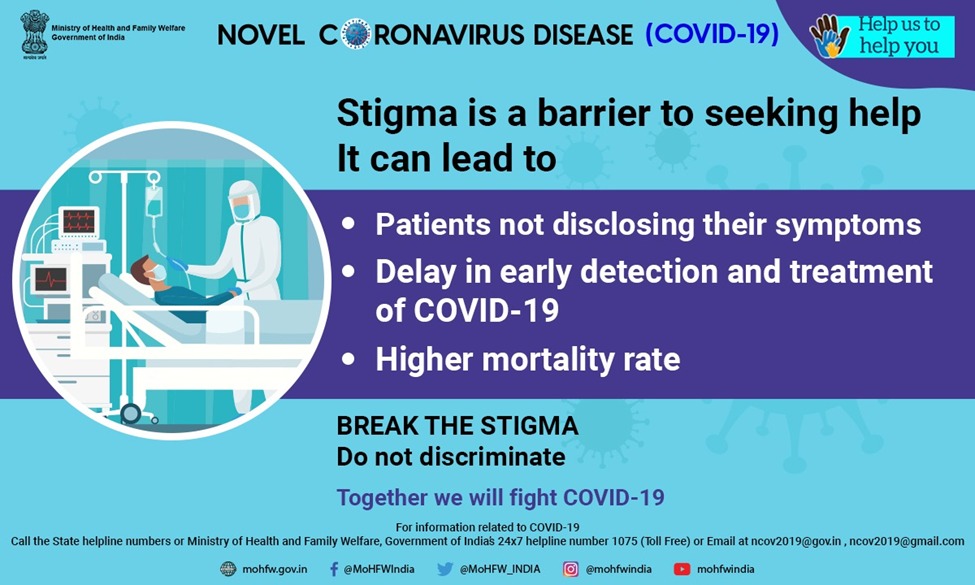 MoHFW_INDIA's tweet photo. #IndiaFightsCorona:

Stigma around #COVID19 can hinder quick recourse to treatment. Break the stigma. Help us to help you.

 #HealthForAll #SwasthaBharat #CoronaOutbreak #Lockdown2 https://t.co/1NcnRQxrVc