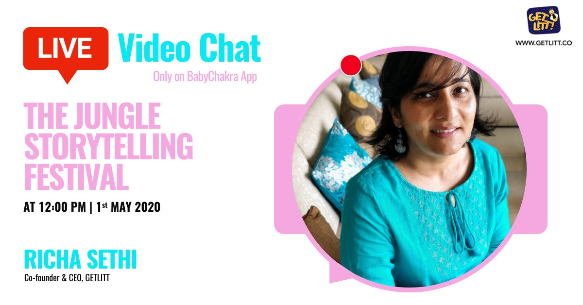 myBabyChakra's tweet photo. Get ready to experience an interesting story telling #livesession about The Jungle Storytelling Festival with Richa Sethi, Co-founder &amp; CEO OF
@GetLittnow.
Do not forget to join today at 12:00 pm, only on BabyChakra app.
JOIN HERE: https://t.co/00Eks56QYD https://t.co/HunaqnobEg