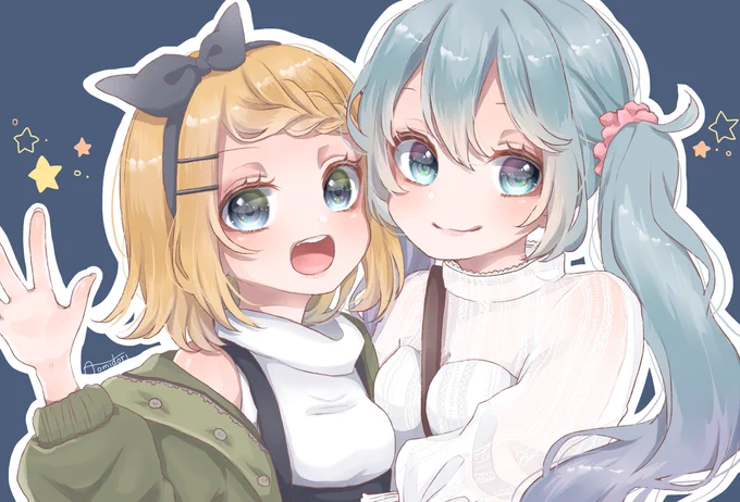 あおみどりさんのミクとリン!おしゃれをして、仲良くどこかへお出かけでしょうか?(*^_^*)2人とも、とってもキュートです?【https://t.co/iUu3ZoYgcw】 #piapro #初音ミク #鏡音リン 