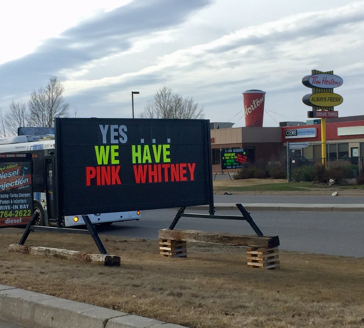 avesdunn's tweet photo. @pinkwhitney @spittinchiclets 
Proud to say that I was one of the many phone calls that probably led to this sign.
"Do ya got any #pinkwhitney??"
Prince Albert, Saskatchewan 🍁
#sorrynotsorry #hockeyproud https://t.co/BI3ysFPAkQ