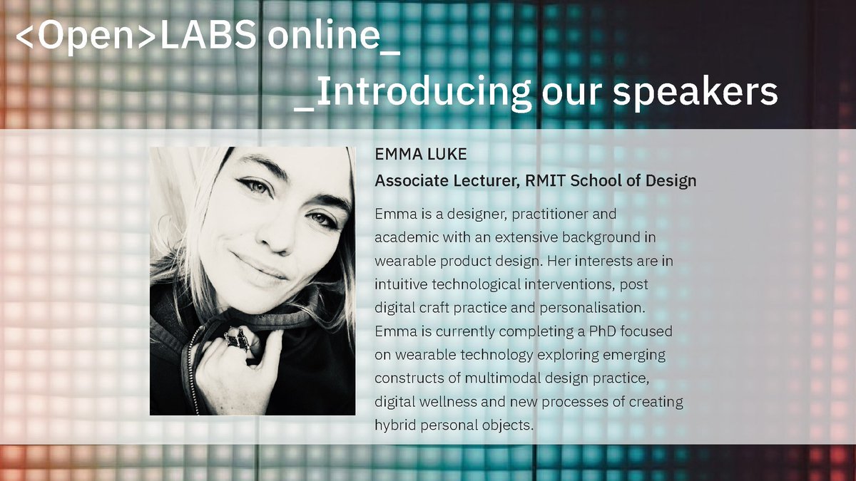 RMIT_HealthLab's tweet photo. Excited to announce Emma Luke will be joining us for our first #OpenLabsOnline, speaking with HTL's Deputy Director @matiubush about her work with @RMIT School of Design exploring palliative &amp; end-of-life care during a pandemic. Register here: https://t.co/AdMt332imA https://t.co/drExLdjR6w